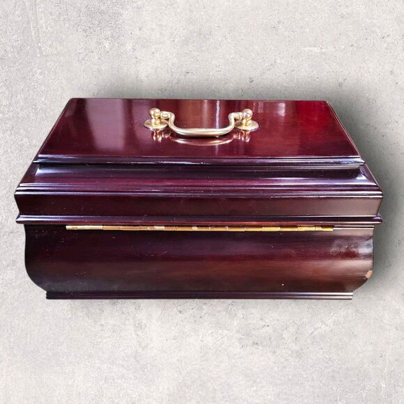 Vintage Bombay Company Mahogany Jewelry Box Red Velvet Lined w/ 2 Keys Large - Picture 7 of 16